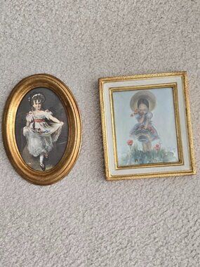 Set of 2 Framed Vintage Ornate Baroque Style Oval Gold & Wood Frames with Print